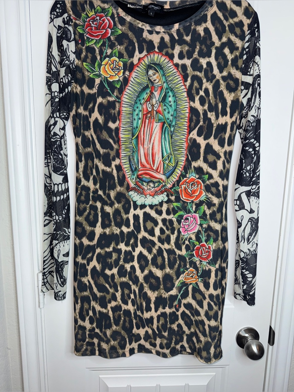 Ed Hardy Dress Large Long Sleeve Mother Mary Leopard Animal Print Fitted Bodycon